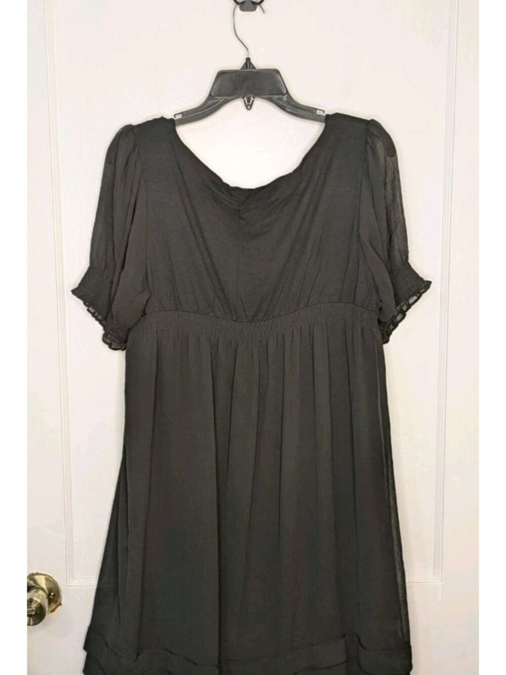 ICE Sz M Black Chiffon Flower Dress Rosettes Short Sleeve Knee Length Babydoll - Picture 2 of 6